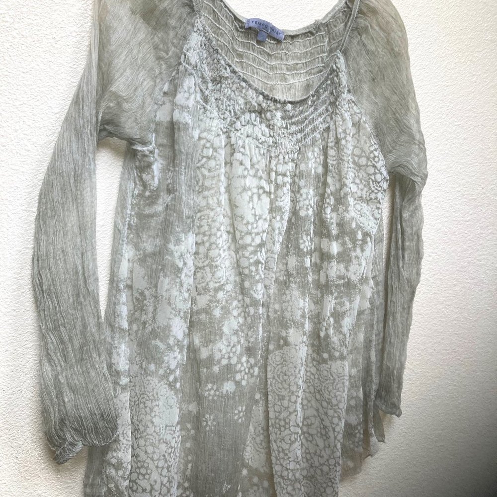 TEMPO PARIS – Long sleeve sheer top, ruched scoop neck, delicate pattern, SZ 8